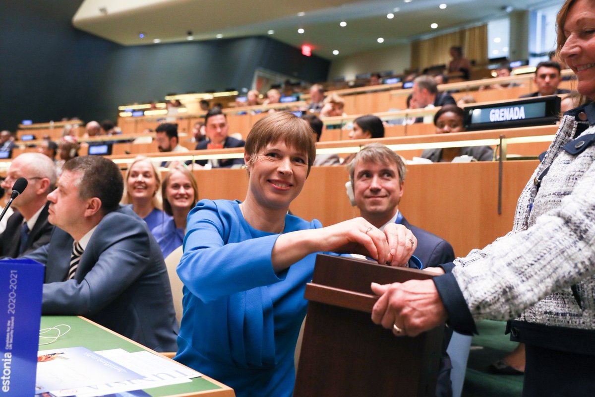 EstonianWorld's tweet photo. Estonian president Kersti Kaljulaid said, following Estonia's election to the #UNSecurityCouncil, that it’s a historic moment for #Estonia – and that the membership is “another layer on Estonia’s #security shield”. (Photo by Eleri Ever). #ESTONIA4UNSC https://t.co/QrFKn7MoKZ https://t.co/Q0Mv0jekyN