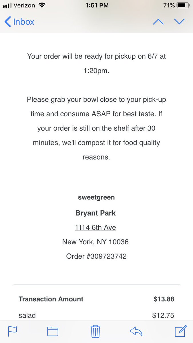 MattStein7's tweet photo. @sweetgreen writing to asked for a refund. Waiting 25 minutes for a pre-order really defeats the purpose. 1:20 order not ready until after 1:45. https://t.co/pozQTcbwPy