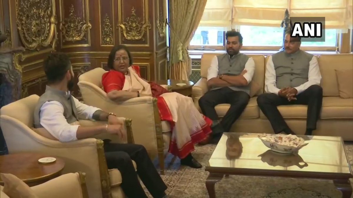 ANI's tweet photo. England: Indian Cricket team met India's High Commissioner to the UK, Ruchi Ghanashyam at her residence in London, today. #ICCCricketWorldCup2019 https://t.co/jBKC8tQZ4V