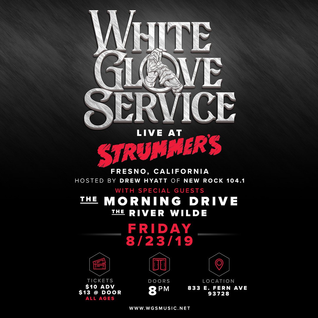 FRESNO! We'll see you <a href="/StrummersFresno/">Strummer's</a> on 8/32/19 with The Morning Drive &amp; The River Wilde
Tix available now at wgsmusic.net/strummers
#WGS #WhiteGloveService #Strummers #Fresno
