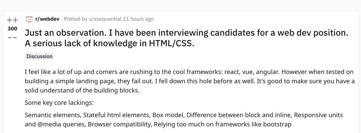 wesbos's tweet image. Some good advice for Beginners - don't forget about HTML and CSS.  It's tempting to rush to a framework, especially to get a job interview, but it can bite you in the interview 
reddit.com/r/webdev/comme…