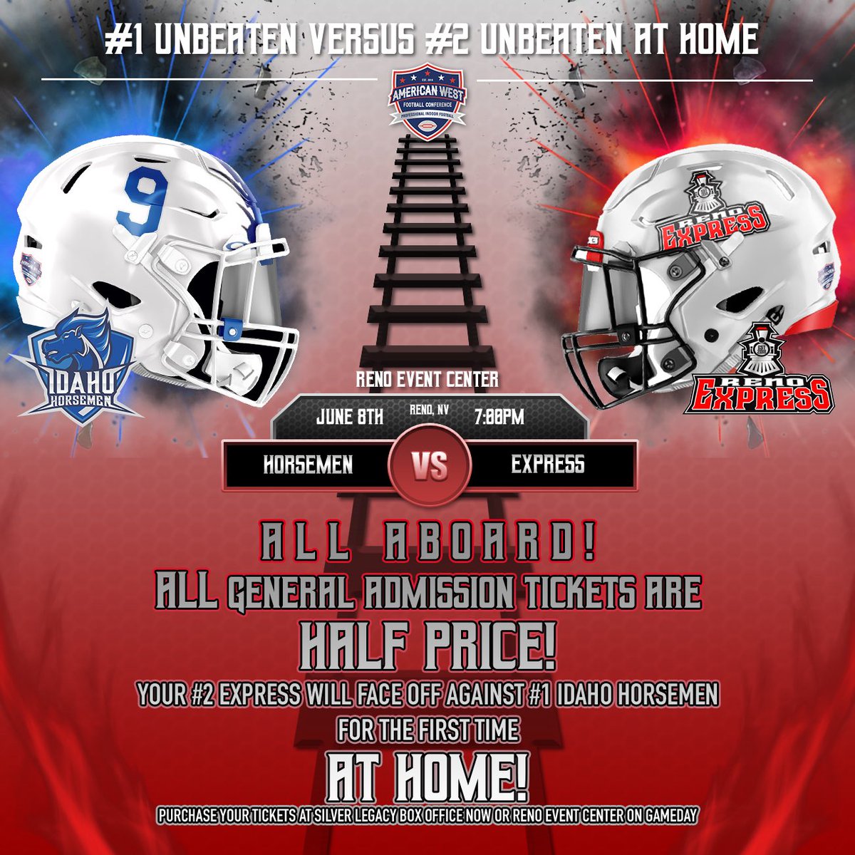 express_reno's tweet photo. HALF PRICE TICKETS!
Indoor Pro Football RENO vs IDAHO
BRING THE FAMILY!
Reno Events Center 6pm! #renoexpress https://t.co/G2A5ANd3Nj