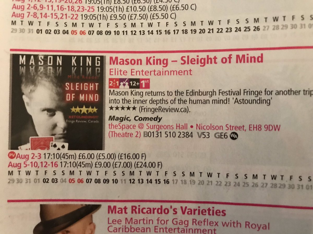 MKMindReader's tweet photo. The EdFringe brochure is available now from https://t.co/YyEeCsCG6q
Don’t forget to check out page 26 for details on your favourite Mind Reader’s latest show! X #EdFringe #EdFringe2019 #EdinburghFringe #Mindreader #Mentalist #Magic #Illusion #SleightOfMind @theSpaceUK https://t.co/68sJVHJCZE