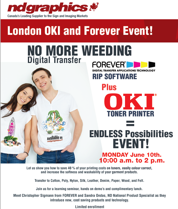 NDGraphics's tweet photo. Join us Monday, June 10th from 10am to 2pm for our ND London OKi &amp; Forever Thermal Transfer Open House! Learn about TransferRip and IC Split Software and see both Flex-Soft and Laser-Dark in action.
954 Leathorne St, London, ON N5Z 3M5 #forever #tonertransfer #heattransfer #oki https://t.co/mrxnnnNI0M