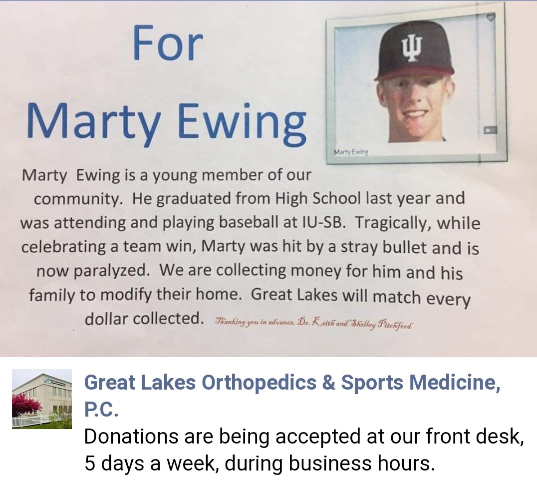 jpatrick40's tweet image. Let's continue to help Marty Ewing and his family! Thank you Dr. Keith/Shelley Pitchford@ Great Lakes Orthopedics &amp;amp; Sports Medicine, PC. for going above and beyond. Make donations at their main office at 9615 Keilman St, St John, IN 46373. Please RT!