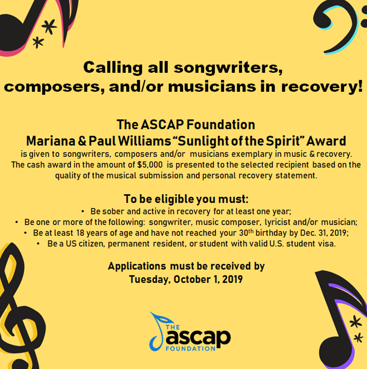 Submissions are now being accepted for The <a href="/ASCAPFoundation/">The ASCAP Foundation</a> 2019 Mariana &amp; <a href="/IMPaulWilliams/">Paul Williams</a> “Sunlight of the Spirit” Award! Info: bit.ly/2mCI81a

<a href="/ASCAP/">ASCAP</a> @rockinprevent <a href="/TYR_YouthRecvry/">TransformYouthRecvry</a> <a href="/sobercollege/">Sober College</a> <a href="/RoadRecovery/">Road Recovery</a> @_thefix