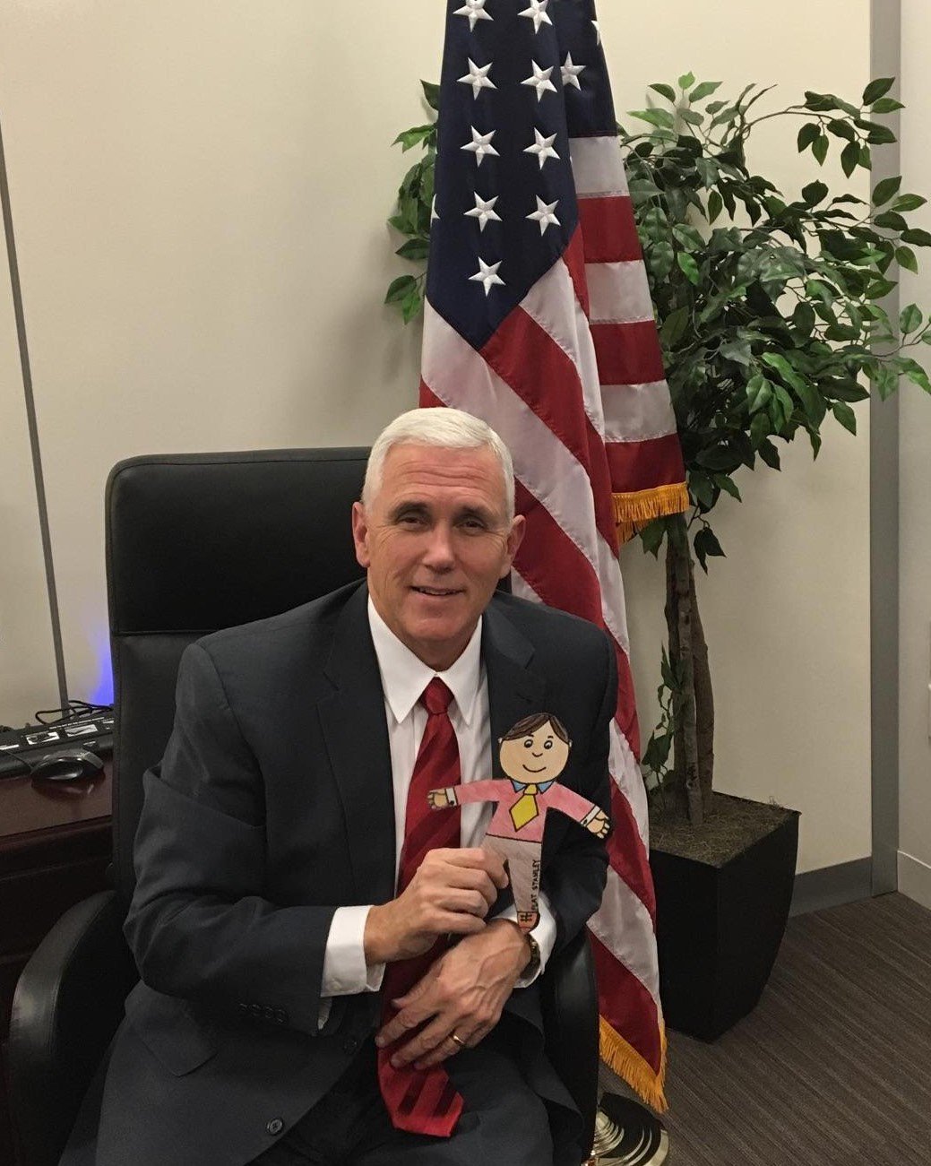 Happy birthday, Mike Pence! 
Here\s a photo of you at with my nephew\s Flat Stanley! 
