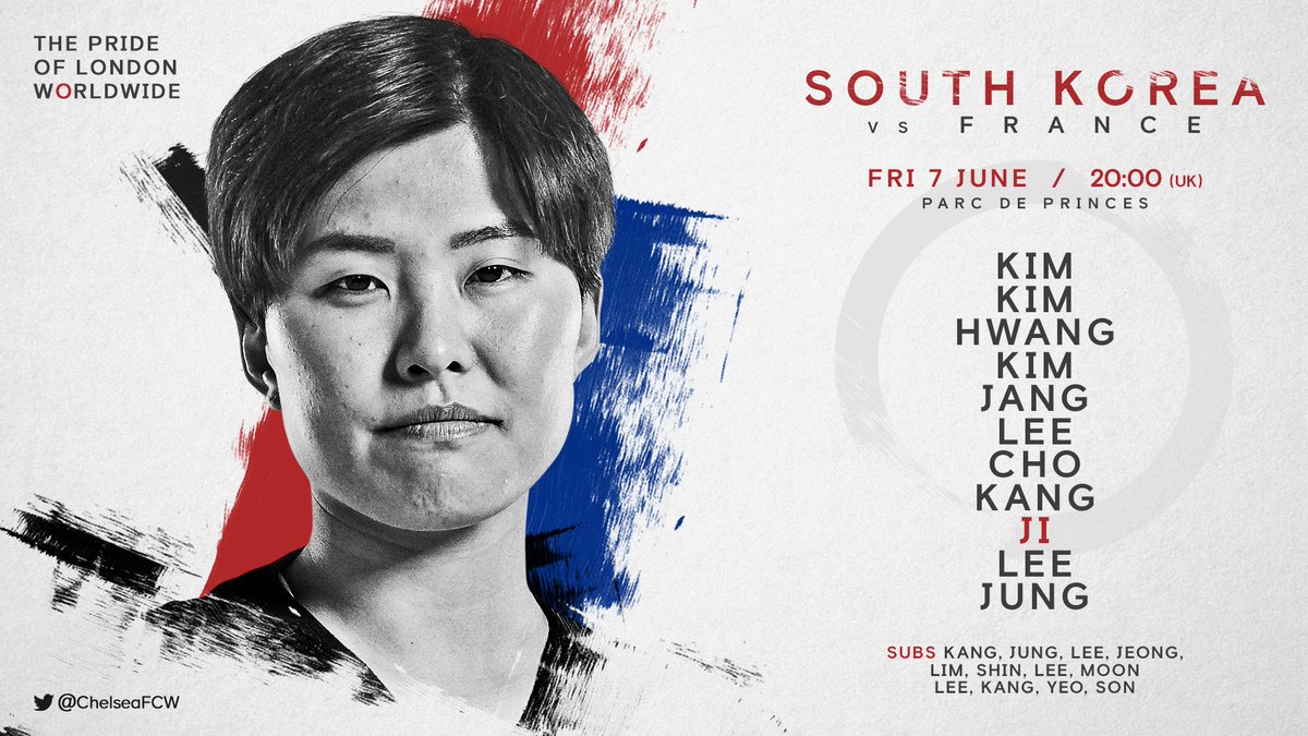 ChelseaFCW's tweet photo. She's a 🔵 and she starts for #KOR!

Good luck, Ji! #FIFAWWC https://t.co/nFqYys6Ct5