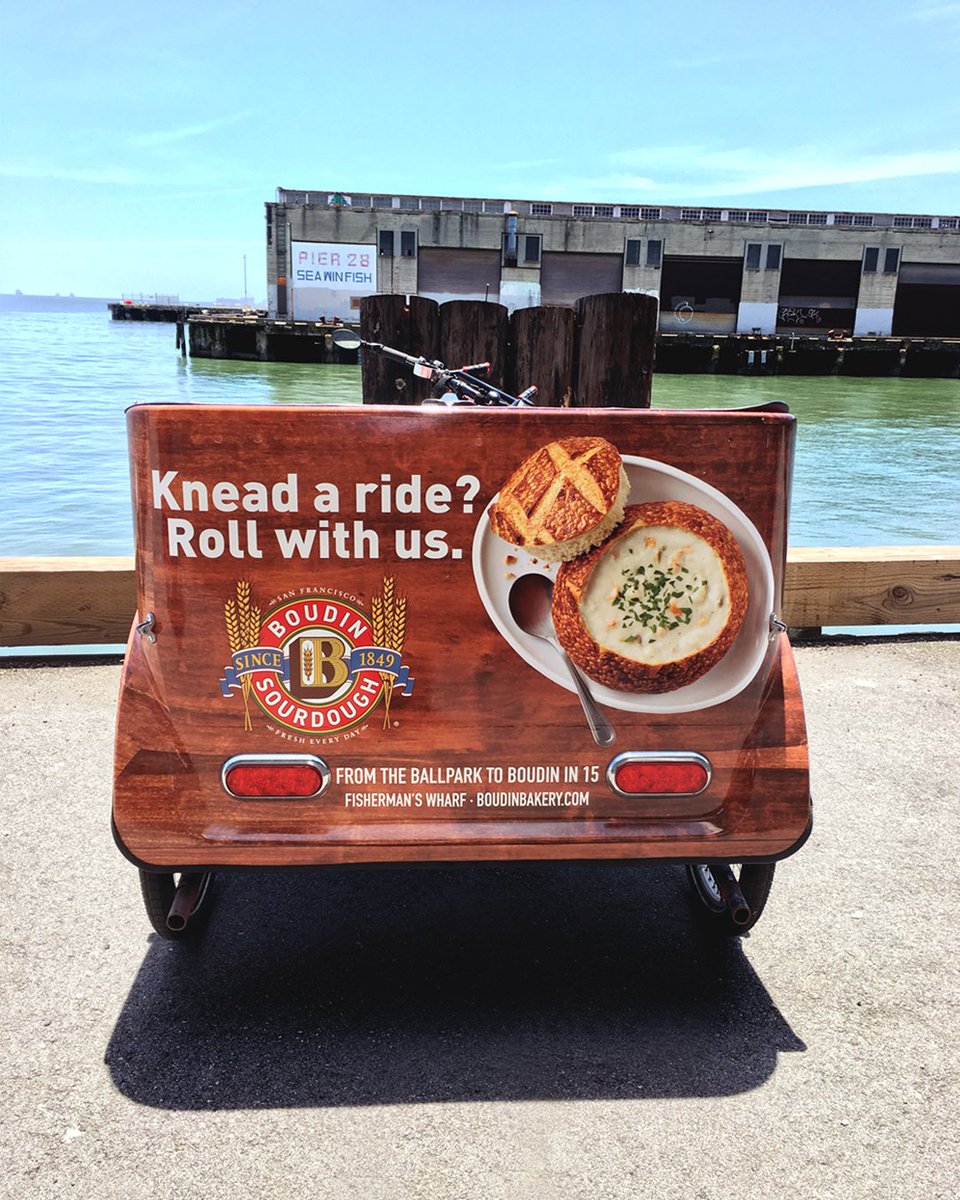 Sourdough lovers! To celebrate our #pedicab partnership with @CabrioTaxi, Boudin bakers are handing out free #sourdough before tomorrow’s #sfgiants game! Spot our branded #pedicabs along Embarcadero and around #OraclePark for free sourdough goodness🥖⚾🎉 #BoudinPedicab