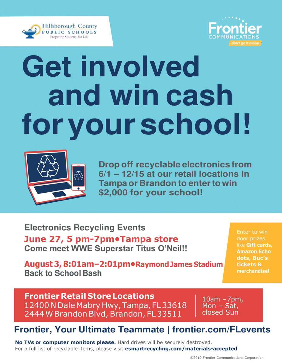 Drop off recyclable electronics from now through 12/15 at <a href="/FrontierCorp/">Frontier Internet</a> retail locations in Tampa or Brandon to enter to win $2,000 for your school! [Note: time change update]