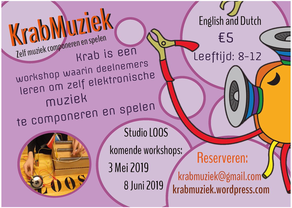 petervbergen's tweet photo. Studio Loos presenteert ZATERDAG 8 JUNI 2019 om 11 uur de nieuwe editie van KRABMUZIEK ... zelf via experimenten geluiden ontdekken en maken, electronische techniek en componeren komen samen in een workshop voor kinderen onder de enthousiaste leiding van het KRABMUZIEK team https://t.co/4CZgWHkk5t