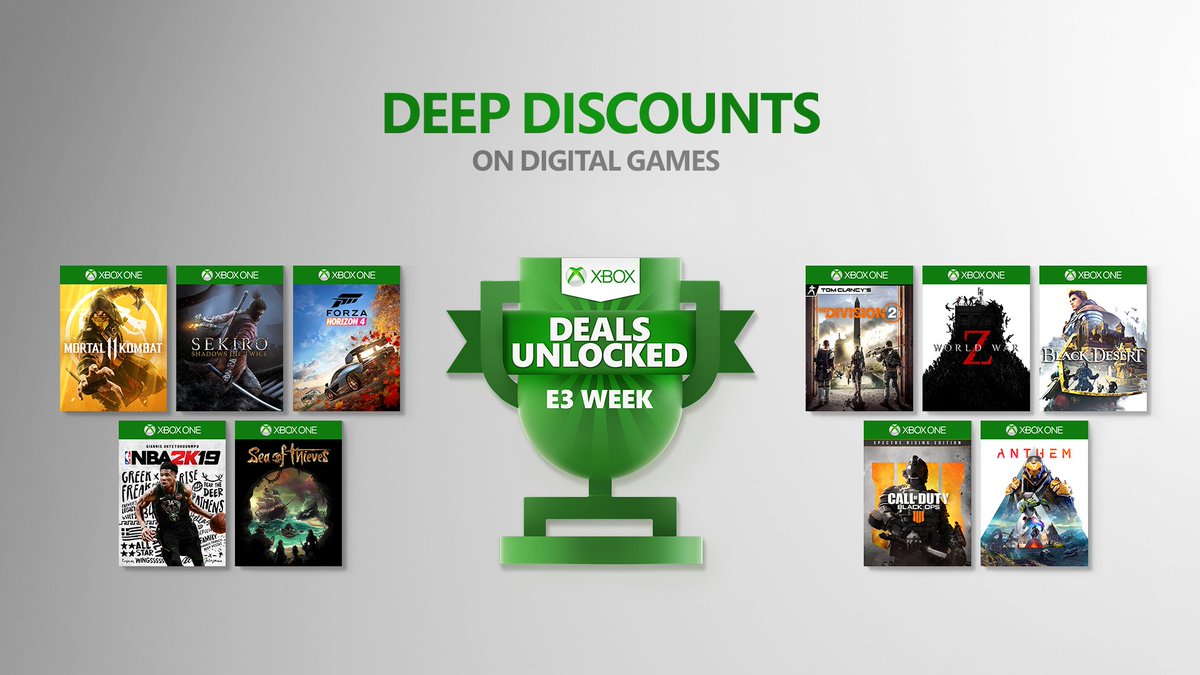 An Xbox Deals Unlocked badge with packshots next to it. These include Forza Horizon 4, Hellblade: Senua's Sacrifice, Sea of Thieves, State of Decay 2, and Gears of War 4.