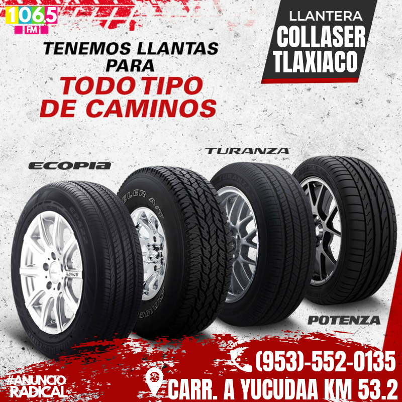 RadicalStereoFm's tweet photo. #AnuncioRadical 📣💵
El mejor catálogo de #llantas lo encuentras en "Collaser #Tlaxiaco" 🚗 busca con nosotros la llanta ideal para que te acompañe en tu camino además del mejor servicio para tu #automovil. 🚘😎  

📍 Carretera a Yucudaa km. 53.2
☎️ Contacto: (951)-552-0135. https://t.co/ISSaTD6TSf
