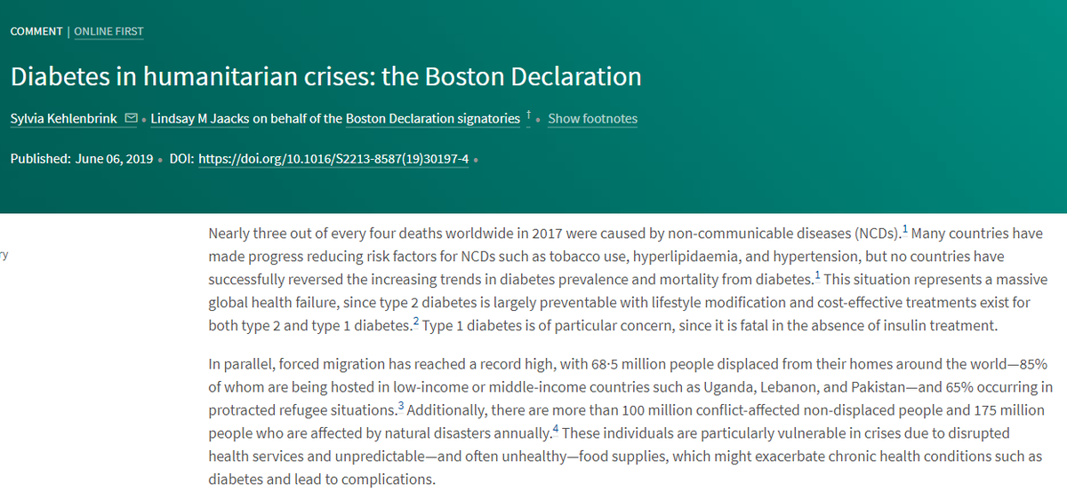 HopkinsIHHS's tweet photo. "Access to care and medicines for #NCDs in humanitarian settings is a major challenge that is not typically prioritized in humanitarian response," says @Humanit_Health's Dr. Shannon Doocy, one of the signatories of the #BostonDeclaration in @TheLancetEndo https://t.co/2RbrTfr2GN https://t.co/qJZVXC7Ukp