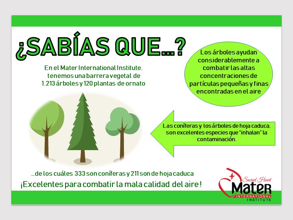 Cada Día Mundial del Medio Ambiente se elige un tema que aborda asuntos ambientales apremiantes y en 2019 es "la contaminación del aire". En #InstitutoMater tenemos una barrera vegetal que mejora la calidad del aire en nuestra ciudad🌲
#CiudadanosQueTransforman
#WeAreSacredHeart