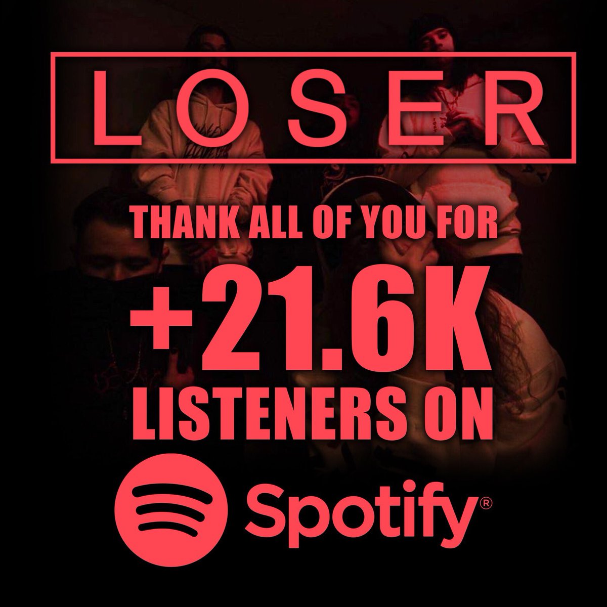 Over the past 4 weeks our monthly listeners have jumped up over 20k! Thank you all so much for your continued support and love for Loser, especially for our release of "Never Young". We are beyond excited for whats to come. Thank you for believing in us. 2k19 is our year.