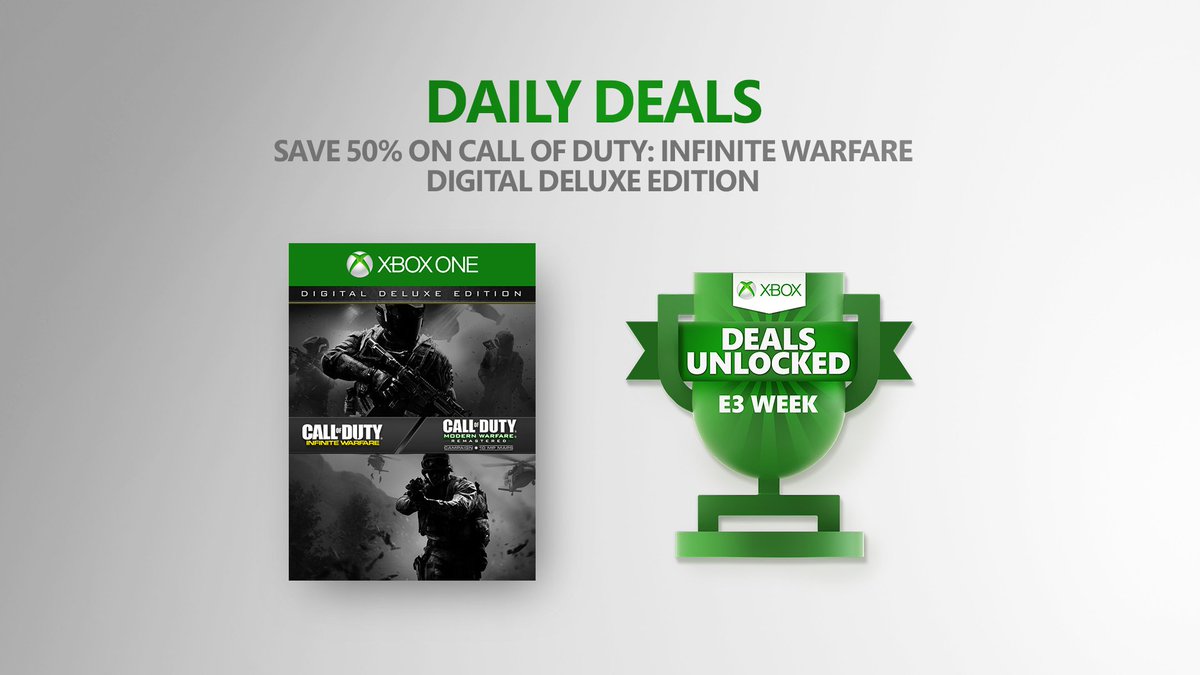 An Xbox Deals Unlocked badge with a packshot of Infinite Warfare Digital Deluxe Edition on a clean background. The copy reads ‘Save 50% on Infinite Warfare Digital Deluxe Edition’.