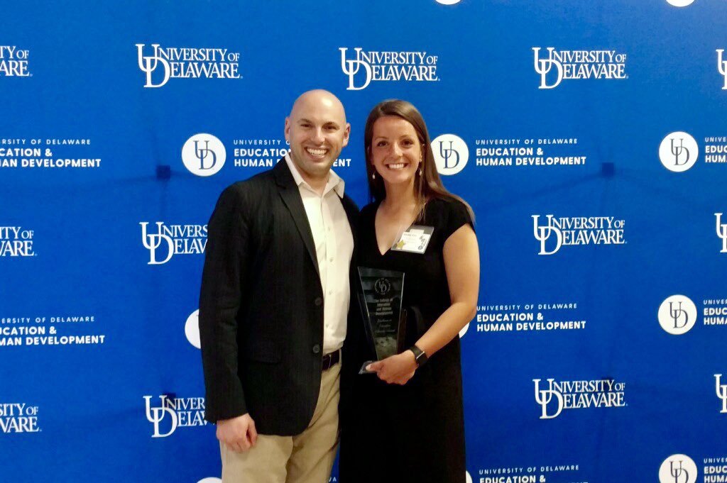 Excellence in Education award winner @MsDorrWilbur with her nominator Josh Wilson, Assistant Professor in @UDSOE. #UDAW