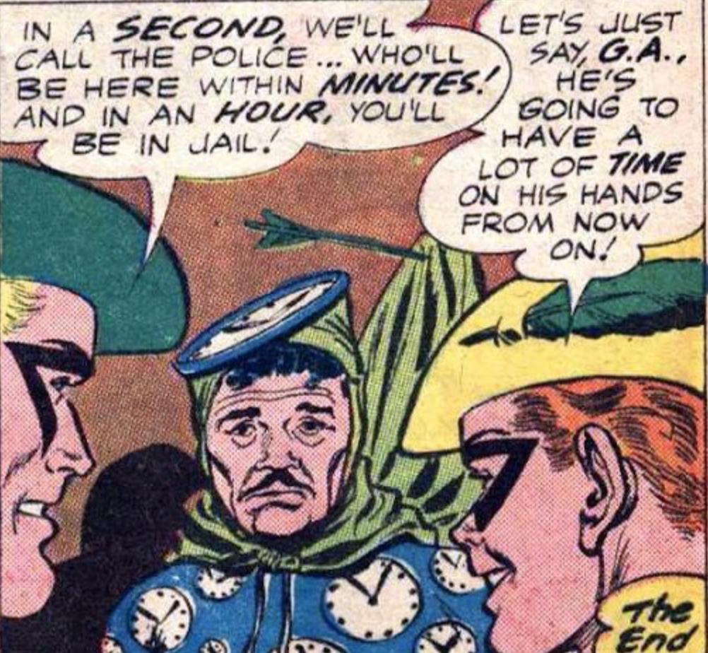 BaronDestructo's tweet photo. On #ThisDayInComics - 59 years ago, William Tockman, aka Clock King, made his debut in World's Finest #111, only to suffer the indignity of being outwitted and outpunned by Green Arrow and Speedy. #ThisDayInSupervillainHistory https://t.co/rzveW0cvmD