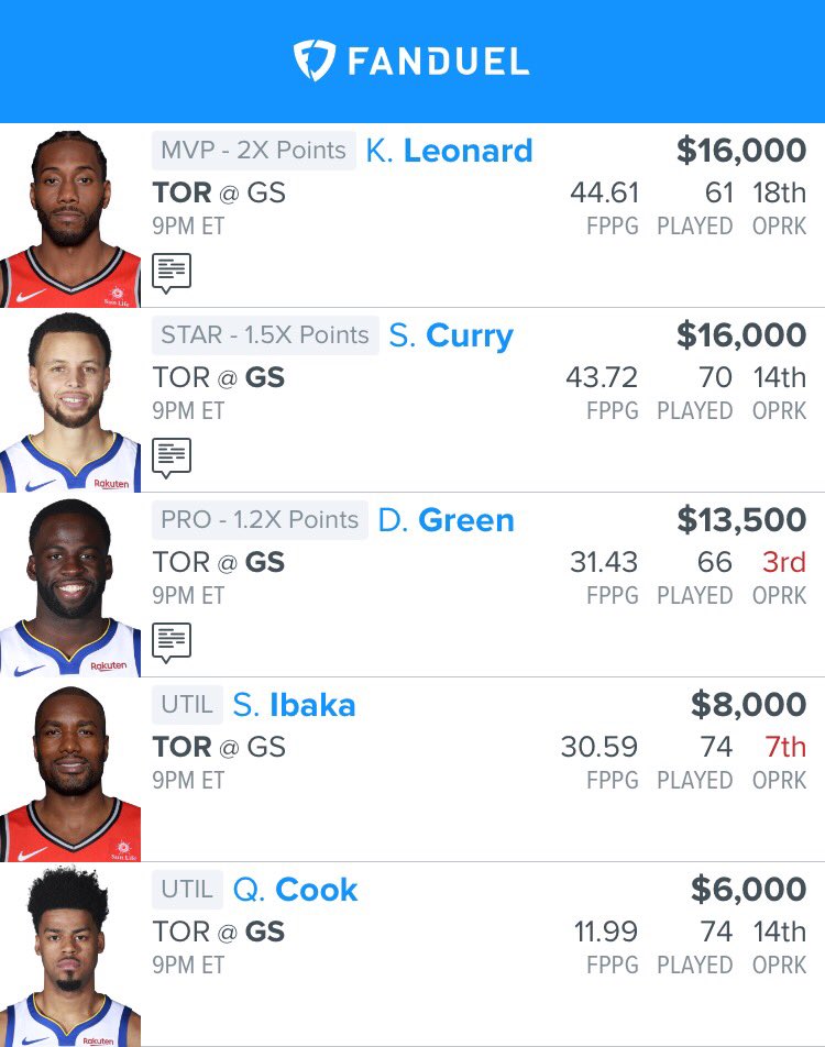 MoneyTimeDFS's tweet photo. NBA Showdown for Game 4! LIKE if using! #nba #dfs #NBAFinals2019 #NBAFinals #finals #nbadfs #fanduel #fanduelnba #fdnba https://t.co/Ur7pNyhVVE