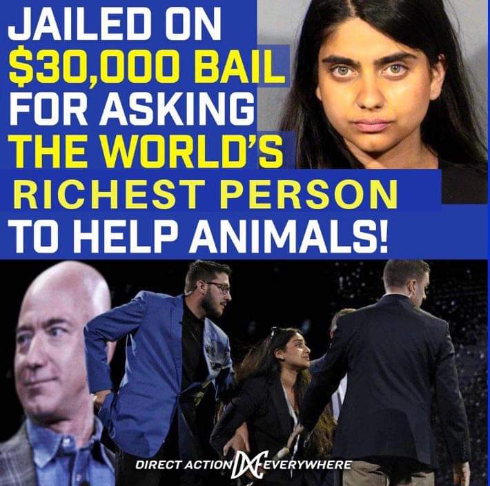 DxEverywhere's tweet photo. This woman was arrested on TWO FELONIES for asking Amazon CEO @JeffBezos, the richest person on the planet, to stop selling animal cruelty. #OneClickCruelty
You can help! Donate here:
https://t.co/DS41pzibvk https://t.co/YJWiwtyvd9