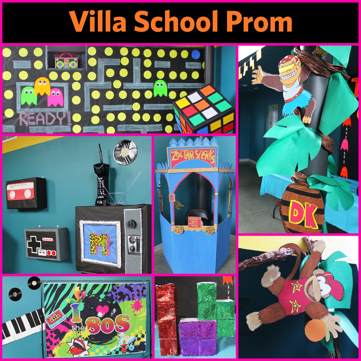 VESPasadena's tweet photo. Amazing decorations for Villa’s High School #80s themed prom! #VillaSchool staff & volunteers made nearly all decorations out of just paper, cardboard, styrofoam, & paint. We are so grateful for their creativity and effort! Stay tuned for photos from the actual prom! #VillaProm https://t.co/RoMkcjXceh