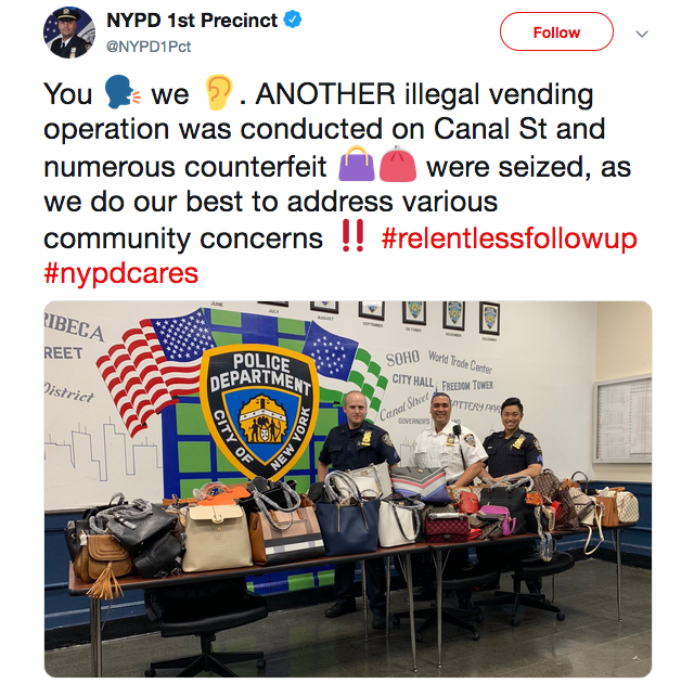 AshAgony's tweet photo. The NYPD wants you to know that they're addressing "community concerns" by... cracking down on bootleg bags being sold on Canal Street. 🙄 https://t.co/ujySGlrRgY