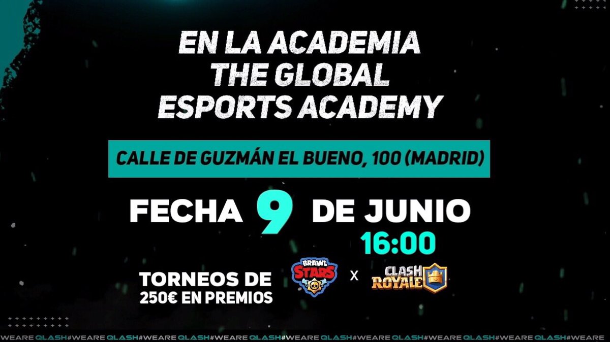 Chicos, recordad que este domingo los chicos de <a href="/QLASH_Spain/">QLASH España 🐉</a> junto a <a href="/GEsportsAcademy/">The Global Esports Academy</a>  organizan un evento de <a href="/BrawlStarsES/">Brawl Stars ES</a> y de Clash Royale en madrid. Habra 400 euros en premios y podreis conocer a youtubers como <a href="/ReVoLAimaR/">RevolAimar</a> o <a href="/JesucristianYT/">TheJesucristian 🍋</a> 😍 
Os esperamos alli. ❤
