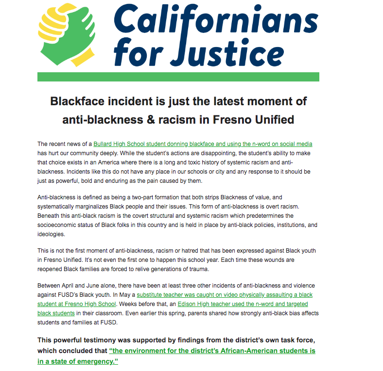 Cal4Justice's tweet photo. News of a #BullardHigh student donning blackface & using the n-word on social media last week has left our students, staff & community looking for accountability & change.
See CFJ's full thoughts below; on this incident & the LARGER PATTERN of Anti-Blackness at #FresnoUnified https://t.co/DyBz0iLiln