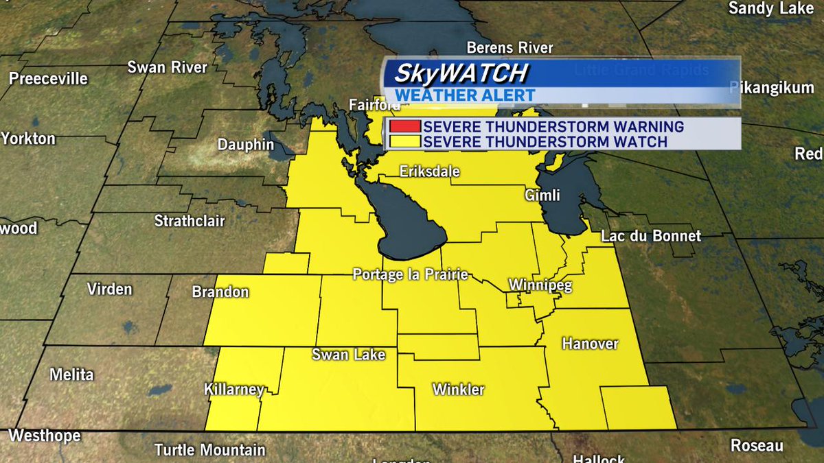 CTV Skywatch Weather Alert: A Severe Thunderstorm Watch or Warning is in effect for the regions below. #mbstorm