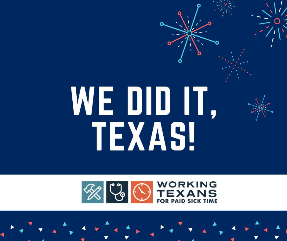 WorkingTexans's tweet photo. **AUGUST 1, 2019** #WorkingFamilies in #Dallas and #SanAntonio -two of our biggest cities in Texas- will begin earning paid sick days. Thank you, Texas! >>>Text PSL to 313131 <<< to help us ensure every working family knows about their right to #PaidSickLeave #PeoplePower https://t.co/IL1Z3jNRWi