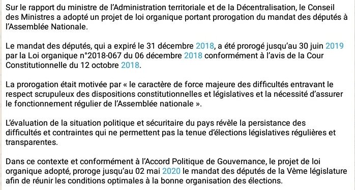 mouhamadout's tweet photo. #Mali
Le mandat des députés est prorogé jusqu'au 02 mai 2020.
Conseil des ministres. https://t.co/e5oAsM3CUL