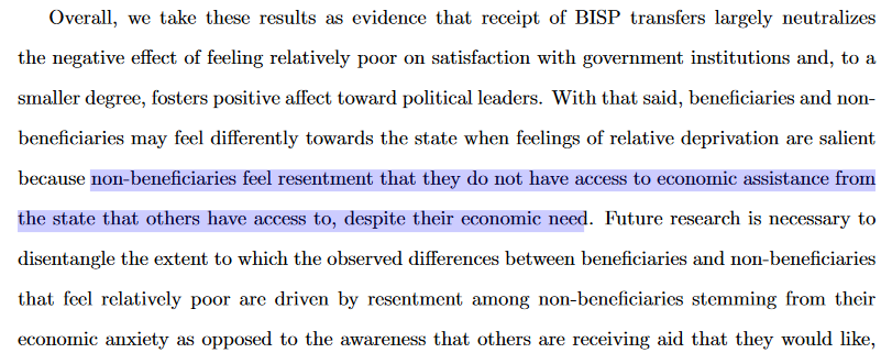 Here is some fascinating new UBI-supporting evidence out of Pakistan. Inequality interacts with cash transfers to increase support for government among recipients and greatly decrease support for government among those excluded.Universalism > Targeting http://ebrary.ifpri.org/utils/getfile/collection/p15738coll2/id/133270/filename/133484.pdf