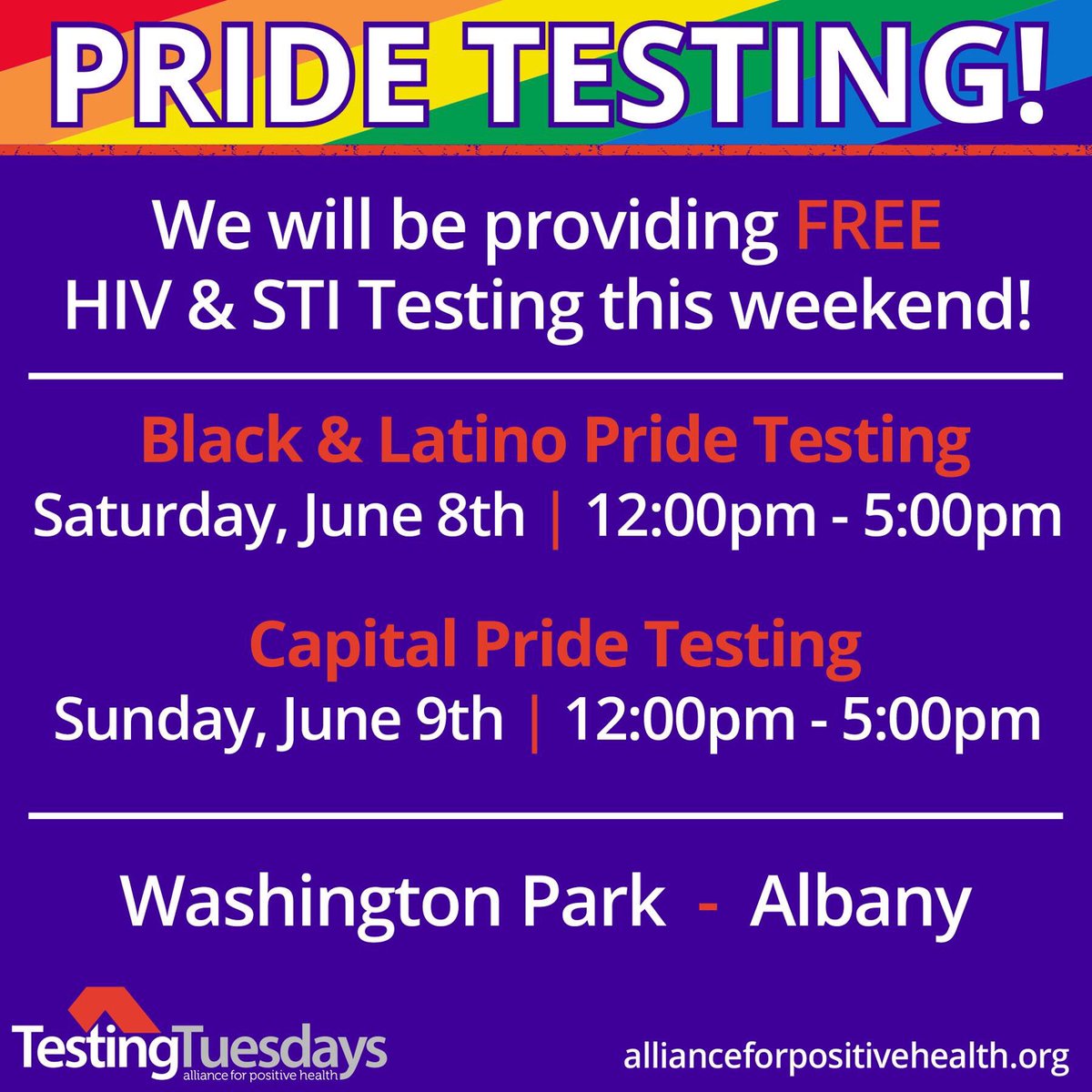 AllianceLGBTQ's tweet photo. Just a reminder that @AllianceFPH will be providing fast & FREE HIV/STI testing tomorrow and Sunday at #BlackandLatinoGayPride and #CapitalPride! 🏳️🌈
For other free testing times and locations, visit https://t.co/ivhMYfOGa5
#AlbanyPride #AFPH #IOOV #AlbanyCapitalPride https://t.co/6FKCpEqDHk
