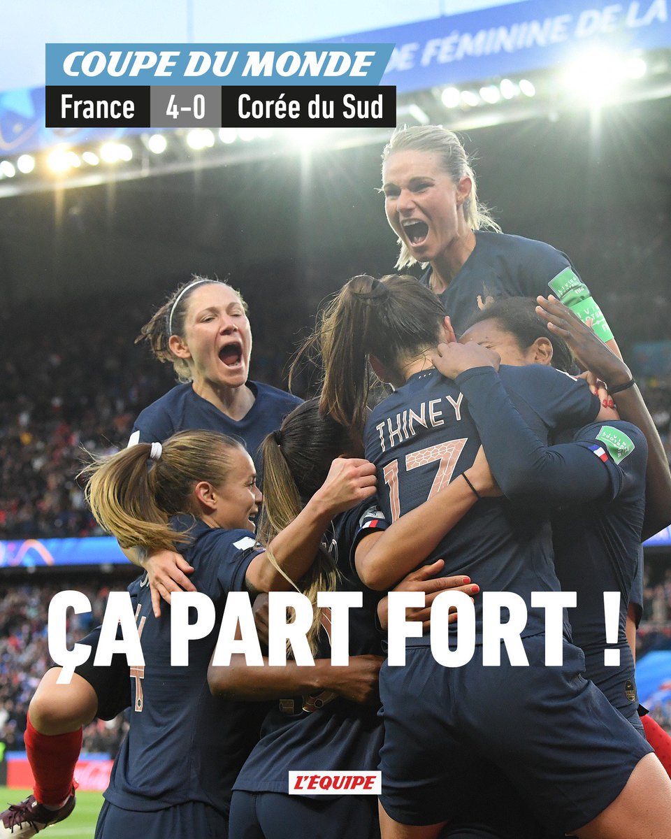 lequipe's tweet photo. 🇫🇷 Les Bleues brillent pour leur entrée dans la compétition.

➡️ Les buteuses : https://t.co/iSaa65n7KK  
➡️ Le record d'affluence: https://t.co/8X3LBHBIKU 

#FRACOR #WWC2019 #CM2019 https://t.co/uNSiOuRdit