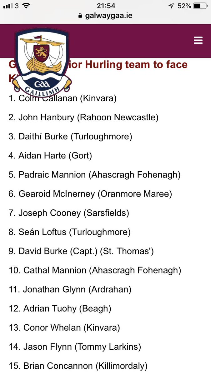 hurleydepot's tweet photo. Galway team to face ⁦@KilkennyCLG⁩ on Sunday in #NowlanPark https://t.co/lSBp6SBBzt