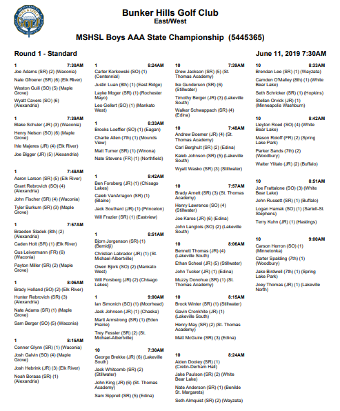 Here are the day 1 pairings and tee times at Bunker Hills Golf Club for June 11th. Go Team Crimson!! Hope to see you there! #FearTheCrimson
