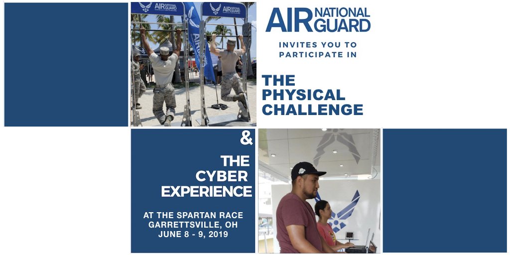 ANG_Recruiting's tweet photo. We'll be in the Birthplace of Aviation! Take on the ANG Interactive Challenges! Cyber / Physical Experiences like no other! @Spartanrace June 8-9 @sor_park! Meet the #airmen of @178thwing @180thfw @121arw - #OHANG #Spartanrace #GoANG #ANGEvents #Cyber #Workout #Spartan #Ohio https://t.co/Dng0sLgSeC