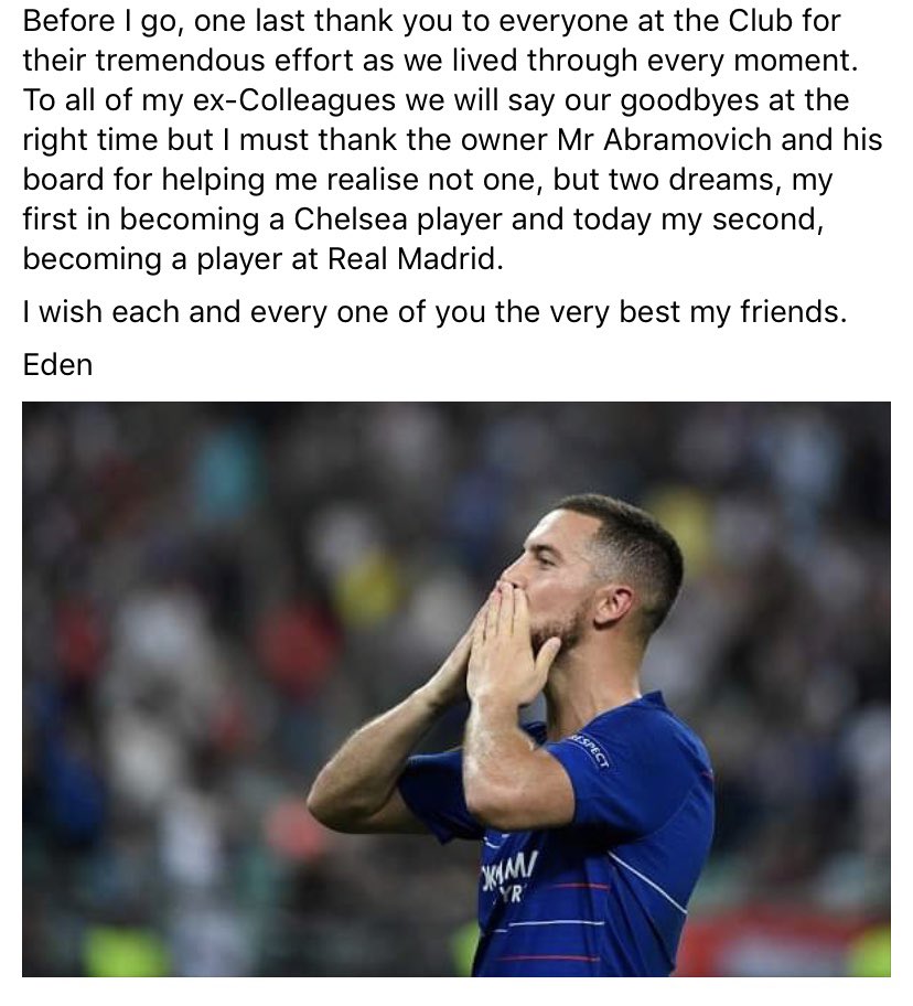 Eden Hazard's farewell message to Chelsea fans and supporters on Facebook. #CFC