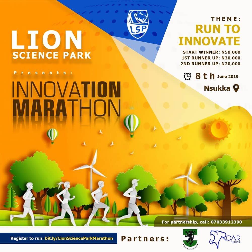 Are you ready to Run?
Join us at Roar Nigeria Hub 8th June @ 6:45am

Let's Run, Walk &amp; Dance
It promises to be fun.

You can also win the prizes
1st: N50,000
2nd:N30,000
3rd: N20,000

Let's Run to Innovate!

#LionSciencePark 
#roarnigeria 
#marathon
#running 
#workout
#innovation