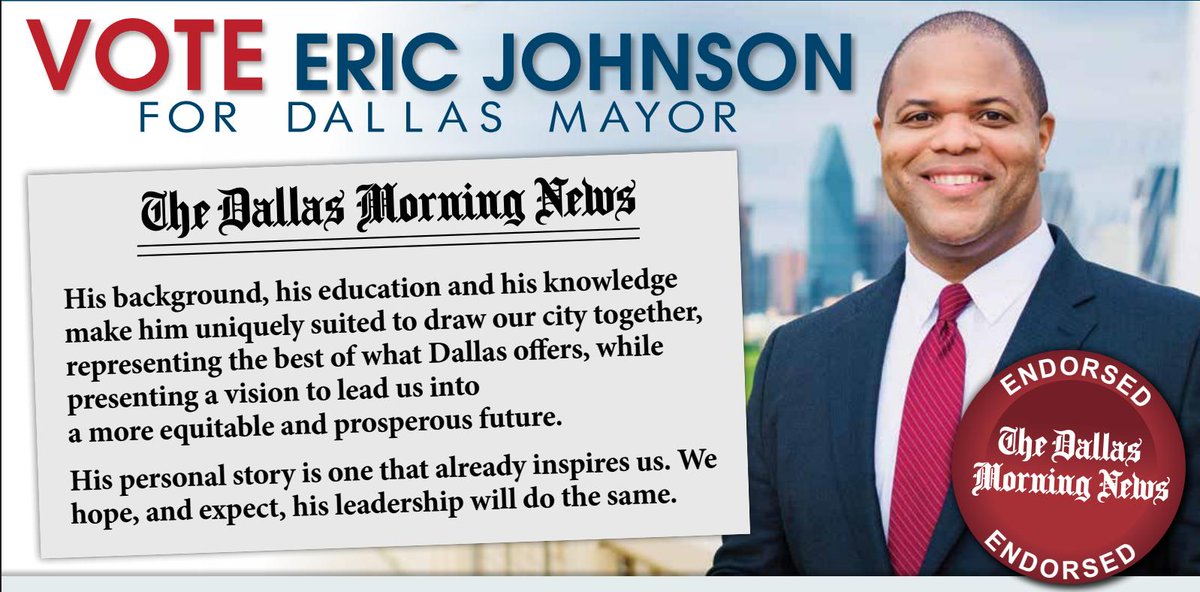 Johnson4Dallas's tweet photo. “His background, his education and his knowledge make him uniquely suited to draw our city together, representing the best of what Dallas offers ...”
I’m proud to have earned the @dallasnews’ endorsement for Mayor of the @CityofDallas. Please vote Saturday! #JohnsonForDallas https://t.co/fEPnU1ZECc