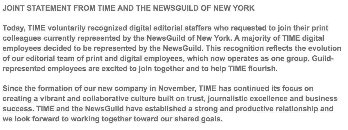 timemagunion's tweet photo. We have some exciting news to share. Today, @TIME voluntarily recognized the digital editorial employees' request to join our print colleagues in the @nyguild. https://t.co/DO2NS4ydgf