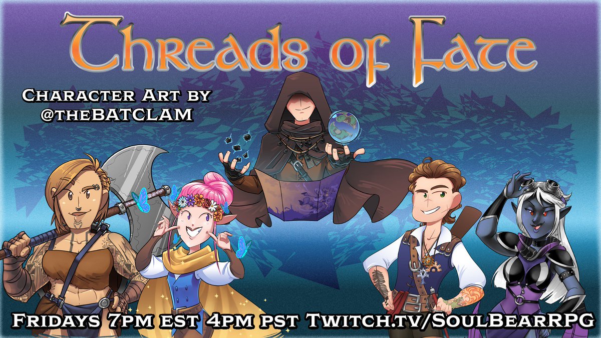 SoMattyGameZ's tweet photo. Threads of Fate every Friday 7pm EDT 4pm PDT at https://t.co/tiAY3bUXd8

We're raising money all month long for @TrevorProject and your donations affect the game. Come play with us tonight @SoulBearRPG 
DM @Soulibon 

Players @Shriekee @DireFoxicorn @Thymbraeus @StinkRatStreams https://t.co/aLlkBuOsep
