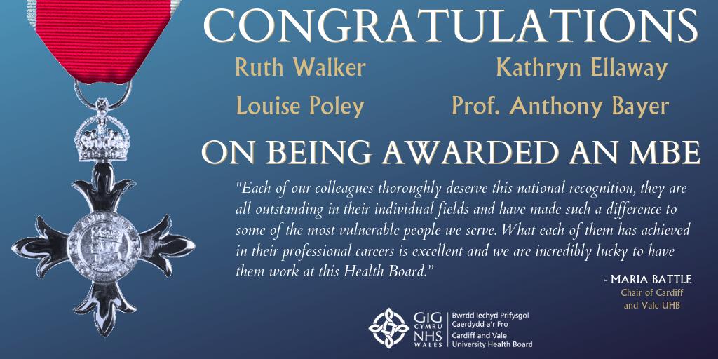 CV_UHB's tweet image. Congratulations to four incredible members of Cardiff and Vale UHB staff who have been awarded an MBE in in this year’s Queen’s Birthday Honours.