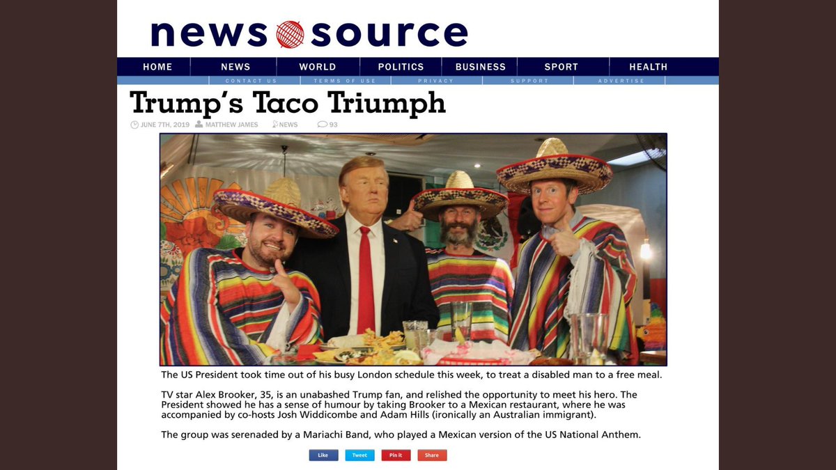 natterjackmike's tweet photo. Great to see @realDonaldTrump
celebrating diversity with this generous act of kindness towards the UK's disabled and immigrant populations... 
#TrumpsTacoTriumph
#FakeNews
@TheLastLeg https://t.co/6GdtXarqm1