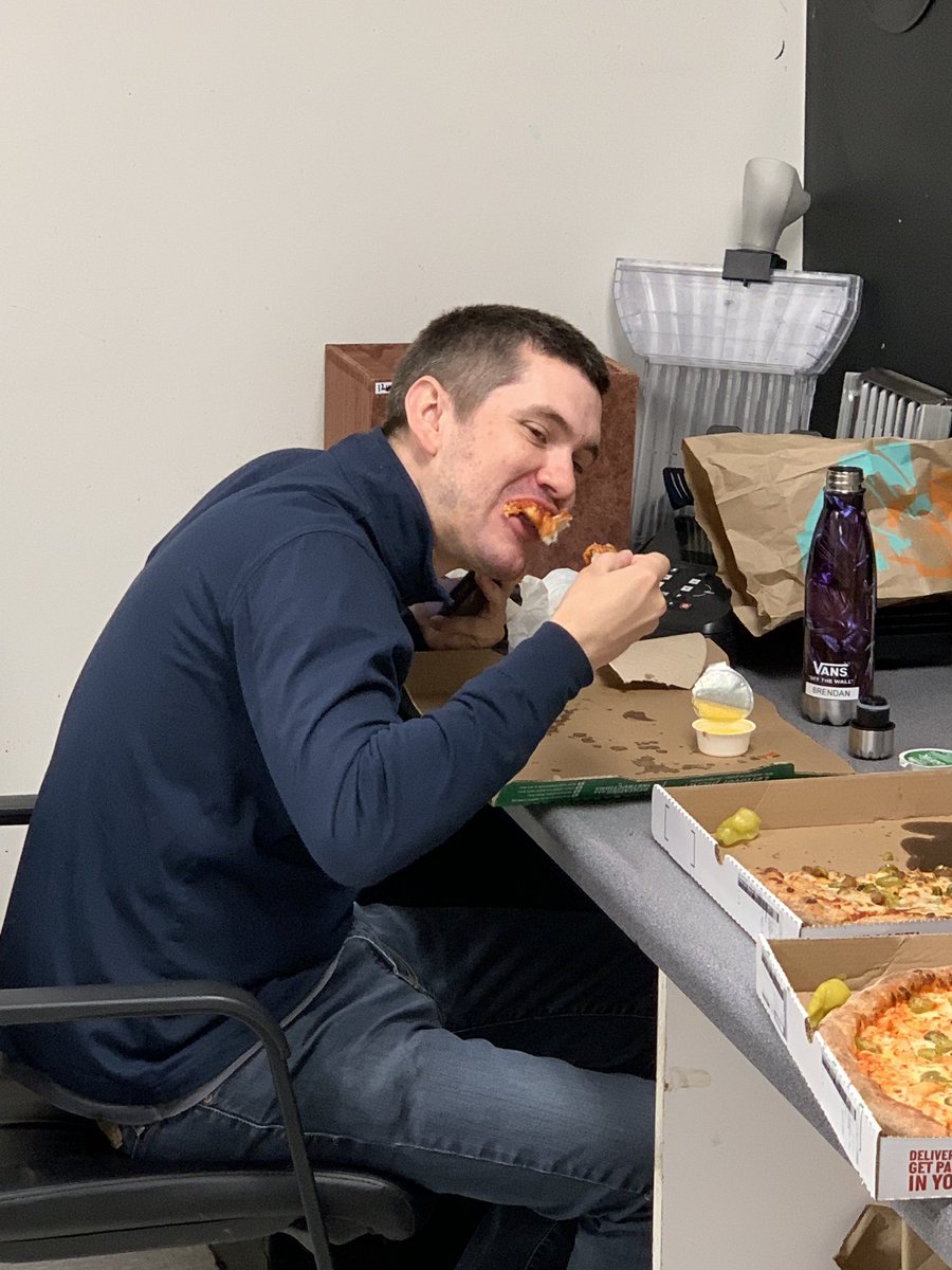 The_Coontz's tweet photo. @TrevorTwitty @JET1273 @bcclegg and @MattyS_B enjoying the pizza from today's contest. #OVMagic #teamPOWer #OHLAcalypse #OVM_squad we plan on having pizza everyday this weekend. https://t.co/io27lFavRi