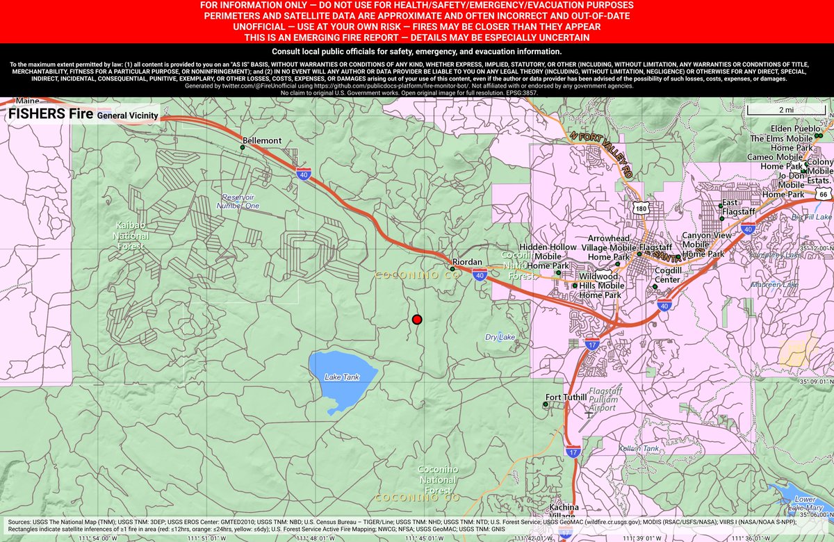 SWFireBot's tweet image. #FishersFire 🔥 discovered Jun 7, 2019, 6:58 PM UTC - unofficial report.
#CoconinoCounty @AZStateForestry; ~5mi SSW of Fort Valley, AZ. ~7mi W of Flagstaff, AZ. See officials for safety info. May be incorrect; disclaimers in images.