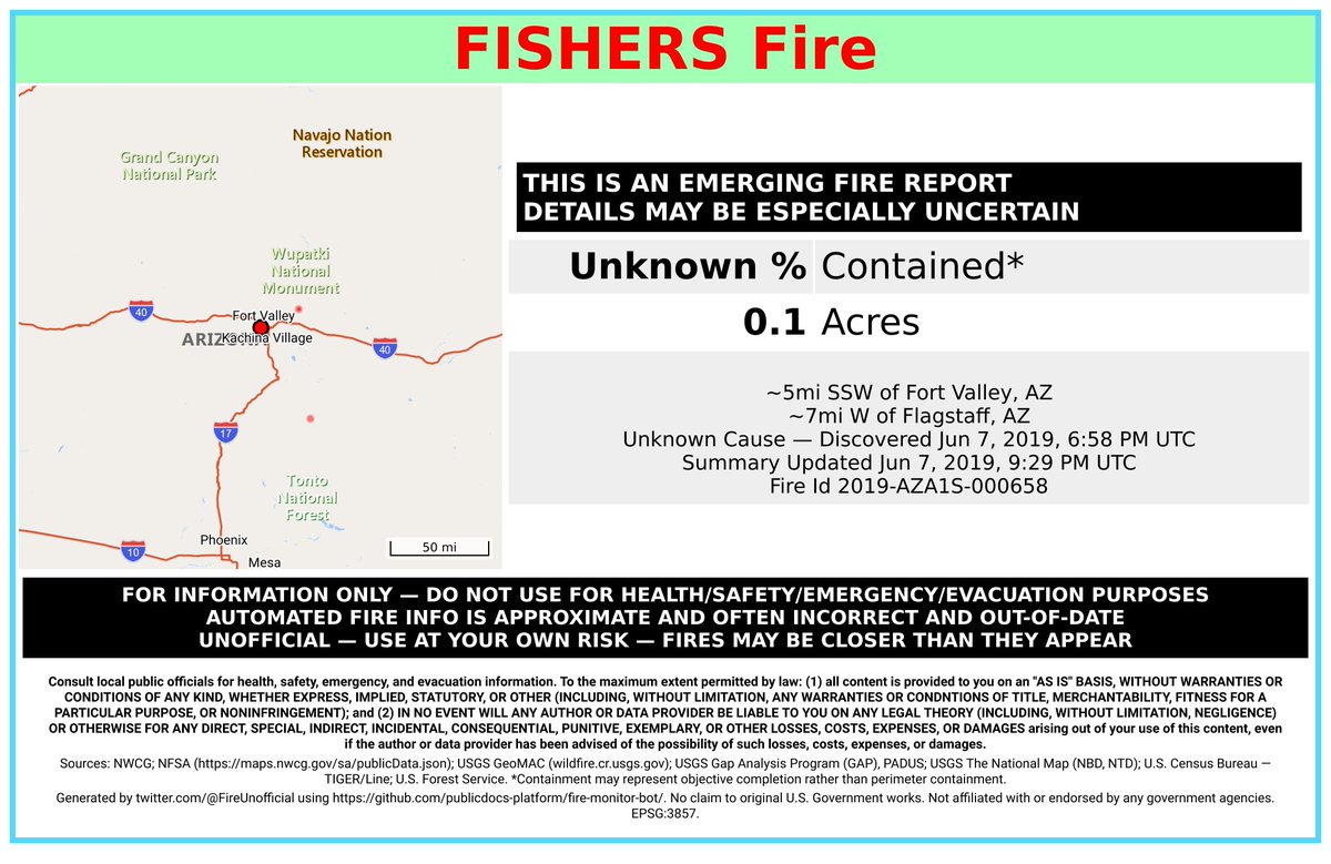 SWFireBot's tweet image. #FishersFire 🔥 discovered Jun 7, 2019, 6:58 PM UTC - unofficial report.
#CoconinoCounty @AZStateForestry; ~5mi SSW of Fort Valley, AZ. ~7mi W of Flagstaff, AZ. See officials for safety info. May be incorrect; disclaimers in images.