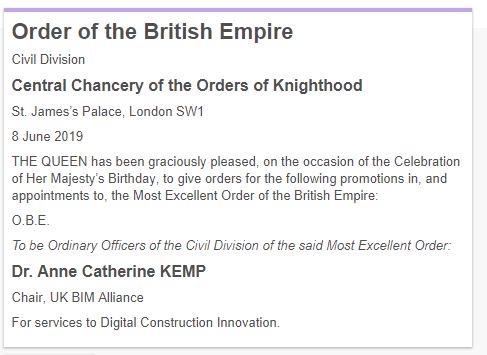 Fantastic news for the start of the weekend <a href="/ACKEMPO/">Anne Kemp OBE</a> who has been awarded an #OBE for services to Digital Construction Innovation 

Congratulations Anne!  We are so proud

bit.ly/2XBd7ui

cc @atkinsglobal <a href="/CambridgeCDBB/">Centre for Digital Built Britain</a> <a href="/BuildingSMARTUK/">BuildingSMART UK&I</a>