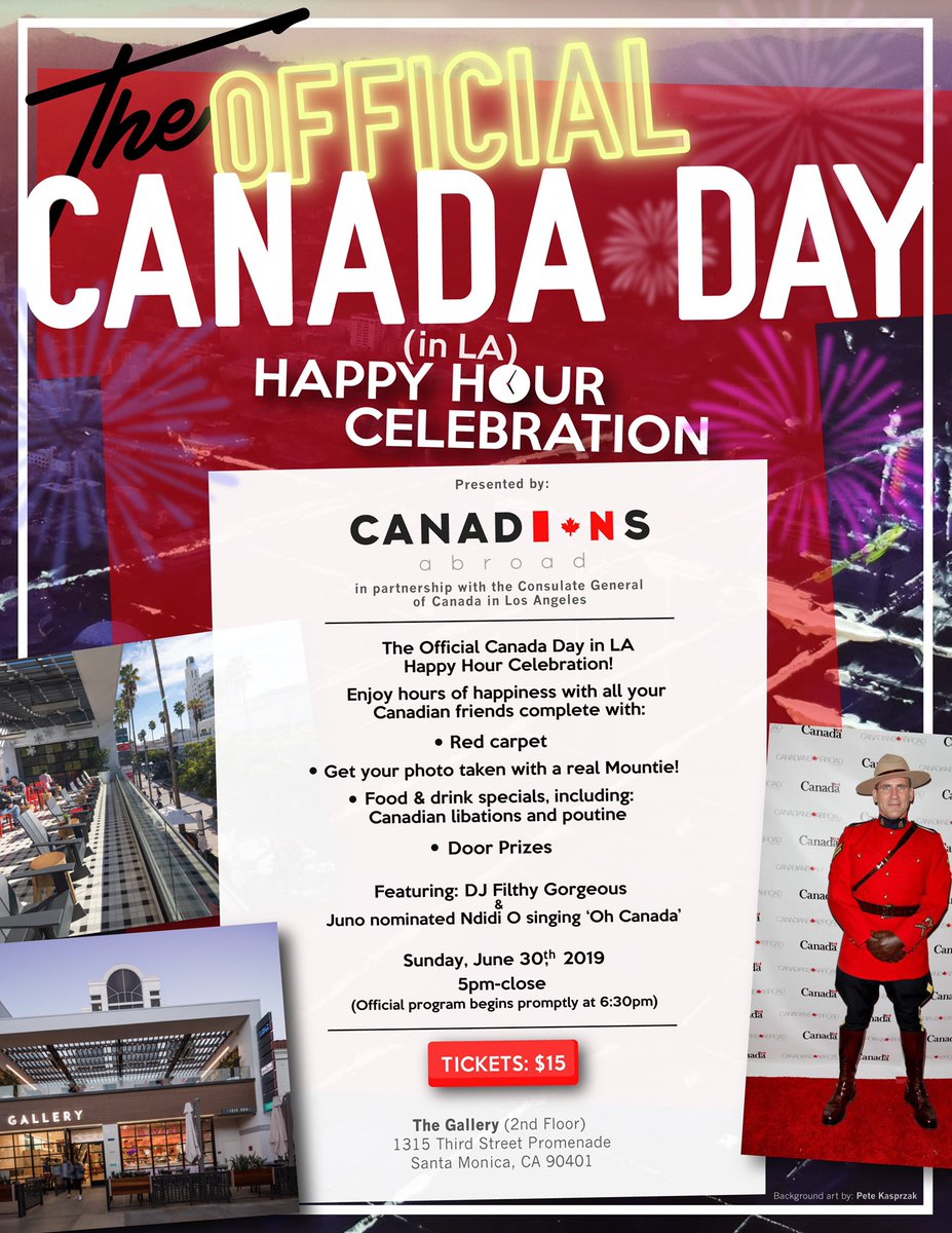 Tix on sale now for the OFFICIAL CANADA DAY IN LA! Join 100’s of Canadians for happy hour on Sunday June 30 at 5pm to drink caesars, eat poutine and walk the red carpet, complete with a Mountie! Enjoy tunes by the @filthygorgeous__ &amp; @originalndidi visit: canadiansabroad.com